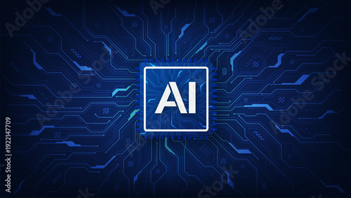 Futuristic AI chip on a circuit board. Artificial intelligence and innovation concept. Quantum computing. Microchip and semiconductor. Symbolizes technological advancement. Vector illustration.