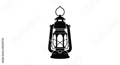A stark black silhouette depicts a vintage kerosene lantern with a handle showcasing its ornate classic design