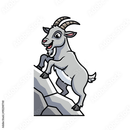 Goat climbing on rocky mountain peak in adventure