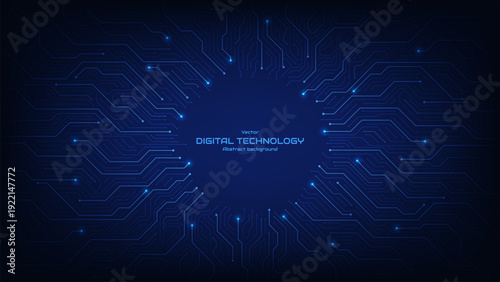 Futuristic digital circuit board with electronic elements. Circuit board with connected lines and dots. Circuit board components. Abstract modern digital science technology. Vector illustration.