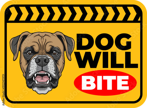Warning Sign of Aggressive Dog with Bite Text and Caution Symbol