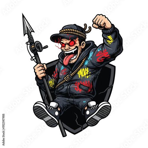 Punk hunter with spear and skull tattoos mid air