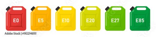 Ethanol fuel canister icons set, E0 E5 E10 E20 E27 E85 biofuel containers