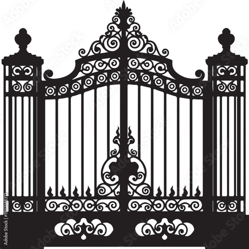 Ornate iron gate, wrought iron fence, black metal gate, decorative entrance