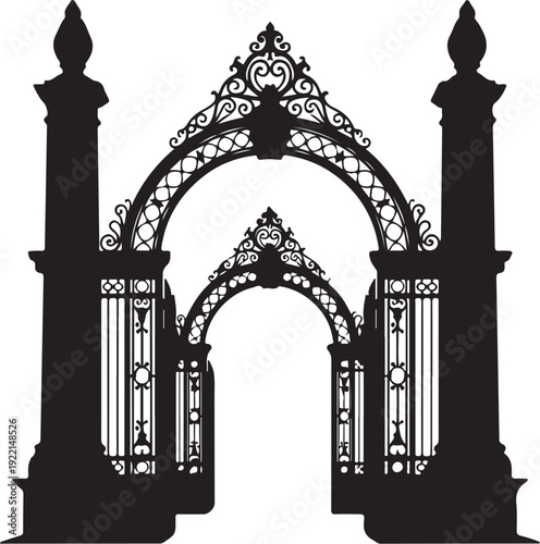 Ornate gate, black metal archway, wrought iron entrance, decorative silhouette