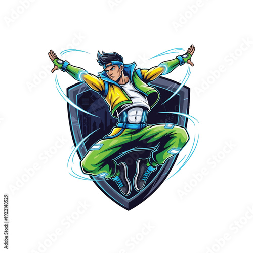 Dynamic superhero dancer jumping with shield backdrop