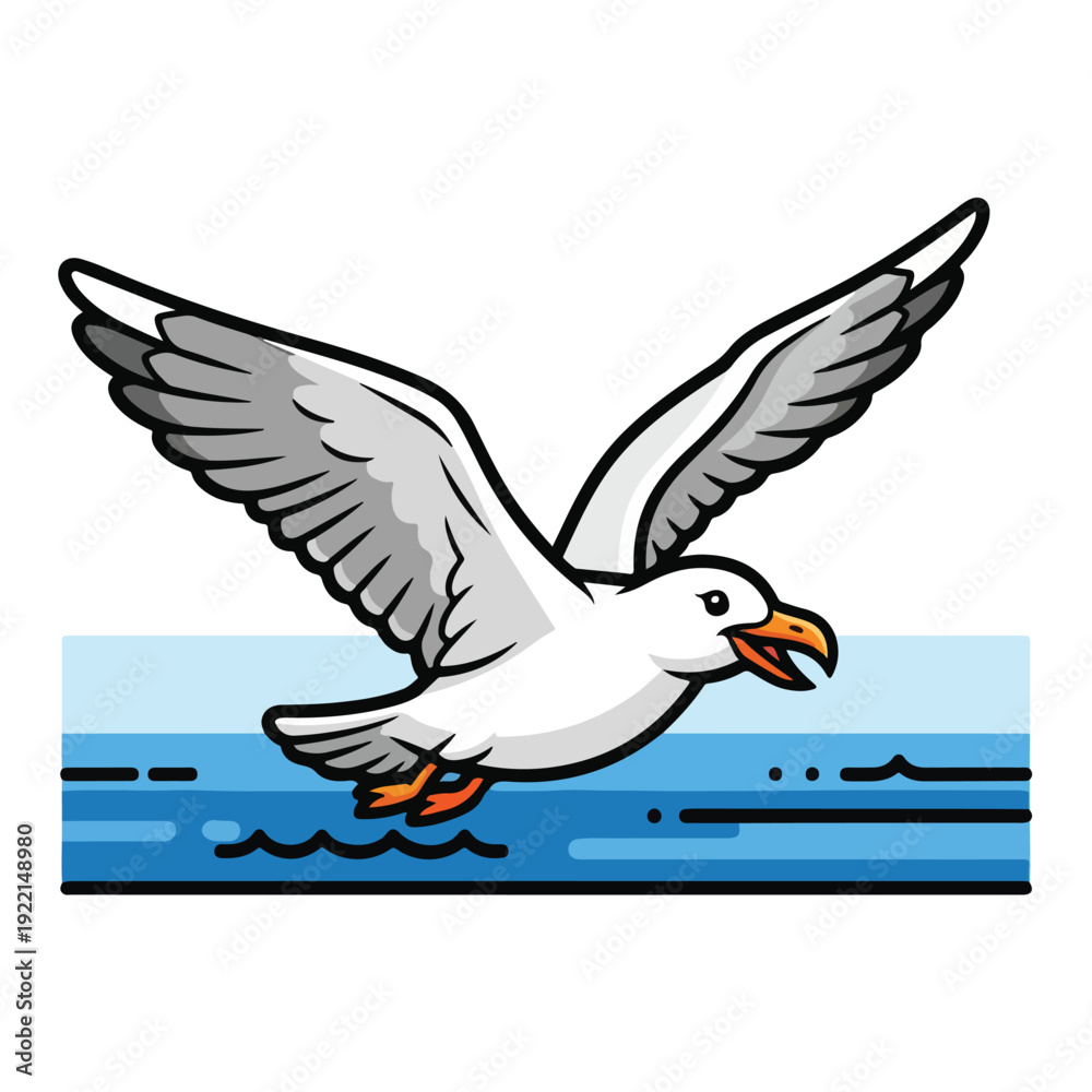 Obraz premium Seagull flying low over ocean waves in sunny weather