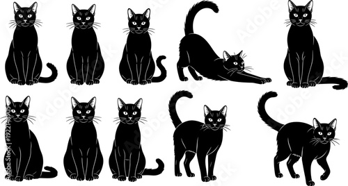 Black cat silhouettes collection, feline pet vector set, cute kitty poses isolated animal illustration design template pack