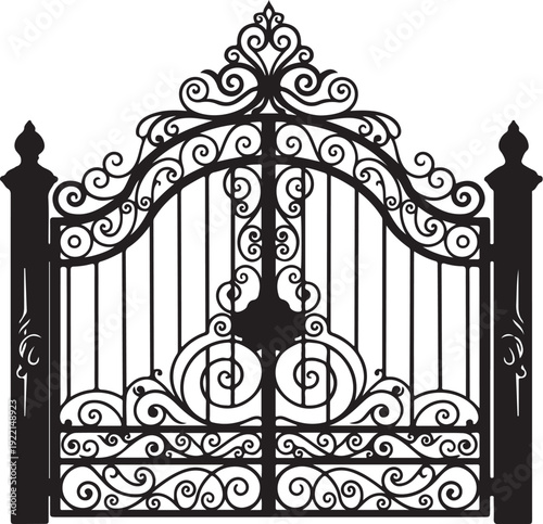 Ornate iron gate, wrought iron fence, decorative metal gate, black vector illustration