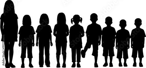 Children silhouettes set, kids standing group collection isolated vector illustration for school childhood education diversity design elements pack