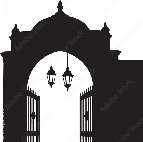 Black gate silhouette, archway entrance, lanterns hanging, metal fence, vintage gate