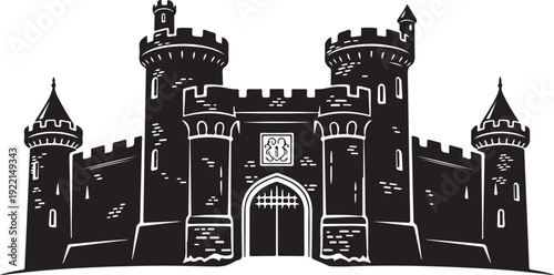Medieval castle, black silhouette, fortress icon, vector illustration