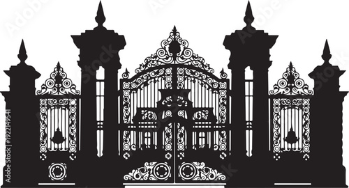 Ornate iron gate, black metal fence, decorative entrance, Victorian style architecture