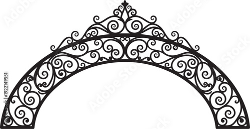 Ornate iron arch, wrought iron archway, black metal gate, decorative scrollwork