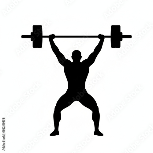 Weightlifter Silhouette Lifting Barbell Over Head on White Background