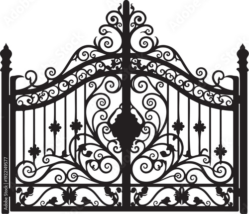 Ornate iron gate, wrought iron fence, black metal gate, decorative entrance