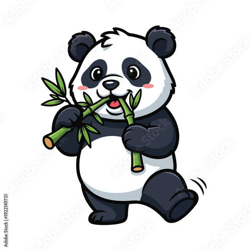 Cute panda bear holding and eating bamboo stalks happily