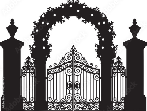Ornate iron gate, wrought iron archway, black metal fence, decorative entrance