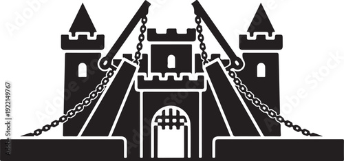 Black castle, medieval fortress, chain gate, vector illustration, fantasy architecture