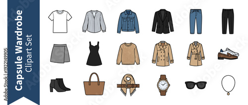 Minimalist capsule wardrobe vector icon set with fashion essentials including t-shirt, denim jacket, blazer, jeans, dress, sweater, trench coat, shoes, boots, bag, watch, and accessories.