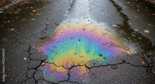Iridescent Oil Slick on Cracked Asphalt Pavement Surface.