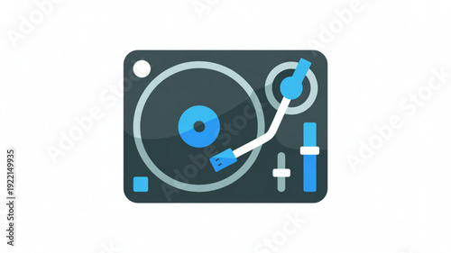 Dj turntable with blue accents and white background for music mixing and entertainment
