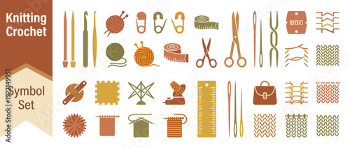 Comprehensive Vector Icon Set of 40 Knitting and Crochet Tools and Patterns in Flat Design; Featuring Yarn Balls, Needles, Hooks, Scissors, Measuring Tape, and Stitch Symbols in Warm Earthy Colors