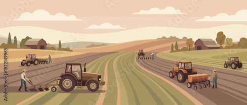 Flat vector illustration of spring farming activities with farmers plowing and seeding fields using tractors in a rural landscape with barns and rolling hills under a soft cloudy sky at dawn.