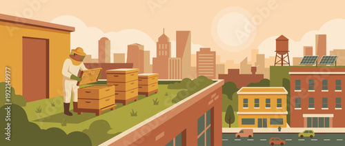 Flat vector illustration of an urban rooftop beehive with a beekeeper in a protective suit tending to wooden hives on a green roof against a city skyline with solar panels and skyscrapers.