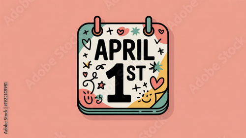 Colorful april fools' day calendar icon on pink background with hearts and stars
