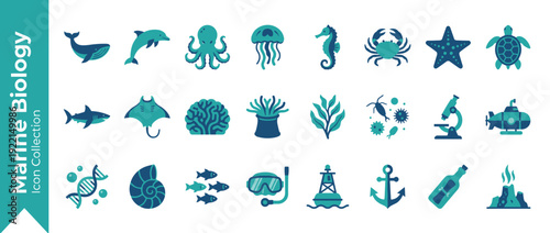 Marine Biology Icon Set with 24 Ocean Life Elements: Whale, Dolphin, Shark, Octopus, Coral, Submarine, and Microscope. Flat Vector Illustration in a Modern Teal and Blue Duotone Color Scheme.