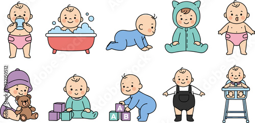 Baby daily activities collection vector illustration, cute infant cartoon characters crawling bathing playing isolated set bundle design