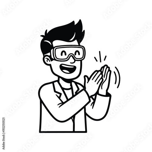 Man wearing safety glasses clapping with excitement in a lab coat