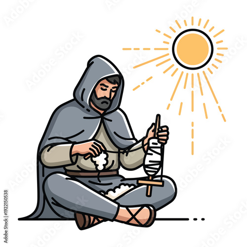 Bearded Man in Hooded Cloak Spinning Yarn Outdoors Under Sun - Traditional Craft Illustration