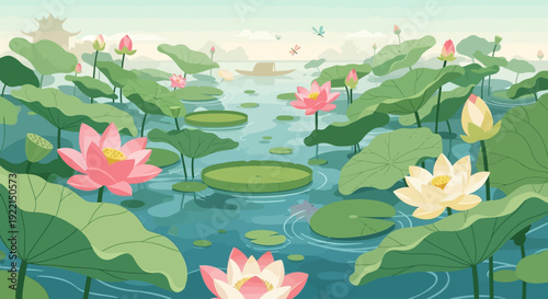 Serene Lotus Pond with Pink and White Blooms and Lily Pads.