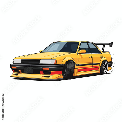 Vibrant Vector Art of a Modified Yellow Performance Car in Motion on White Background