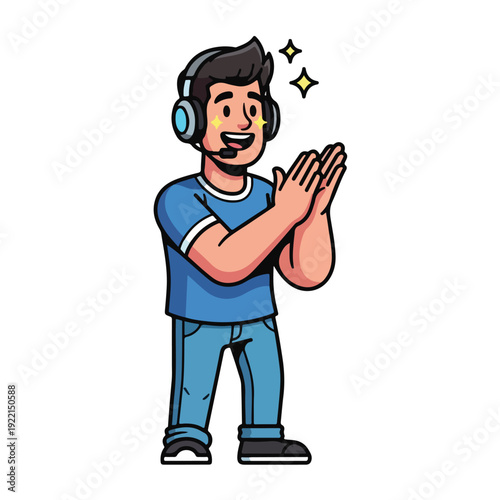 Man Wearing Headphones Clapping Hands with Sparkles Above