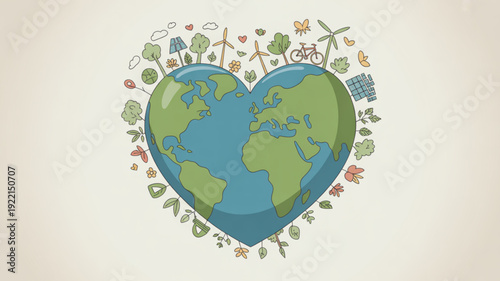 Earth in heart shape with eco friendly icons and symbols around it representing environmental conservation and love for the planet