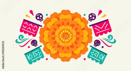 Vibrant Marigold Flower with Day of the Dead Elements Illustration.