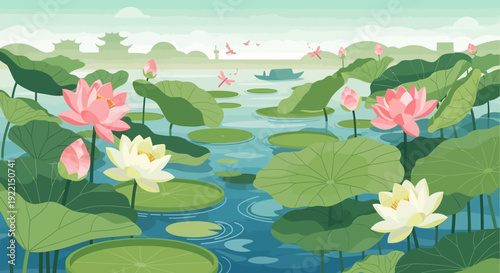 Serene Lotus Pond with Pink and White Blooms and Lily Pads.