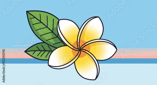 Stylized Plumeria Flower with Green Leaves Illustration.