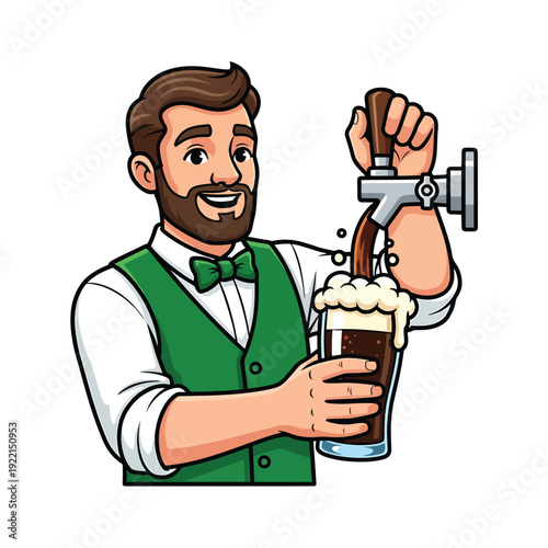 Smiling male bartender pouring a foamy dark beverage from a tap, cheerful vector illustration.
