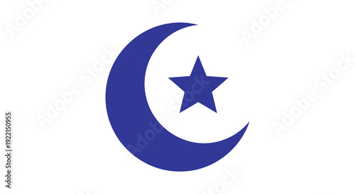 A striking image features a dark blue crescent moon encircling a centered five pointed star on white high quality