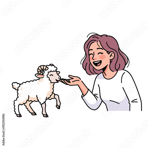 Smiling Woman Happily Feeding a Domestic Sheep Ram by Hand, Cute Vector Illustration