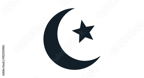 A simple graphic depicts a dark crescent moon cradling a five pointed star representing islamic symbolism high quality professional