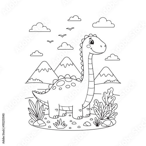 Vector illustration of cute baby brontosaurus dinosaur coloring page with mountains and clouds