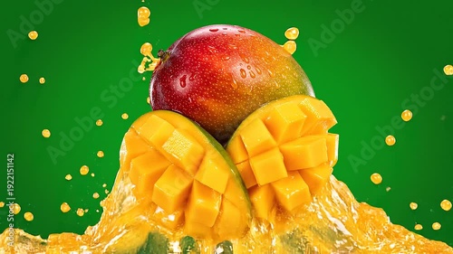 Juicy Ripe Mango Sliced and Whole in Golden Juice Splash on Green Screen