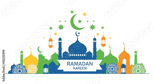 A vibrant illustration depicts a ramadan kareem greeting with a crescent moon ornate lanterns and mosque silhouettes