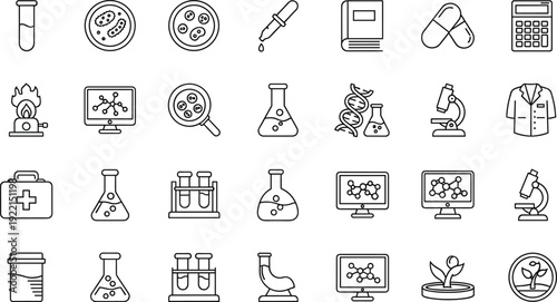 Tableau sur toile Science Laboratory Research Icon Set Featuring Microscope, DNA, Erlenmeyer Flask, Test Tubes, Medical Equipment, Biology Experiments, Chemistry Tools, and Healthcare Symbols