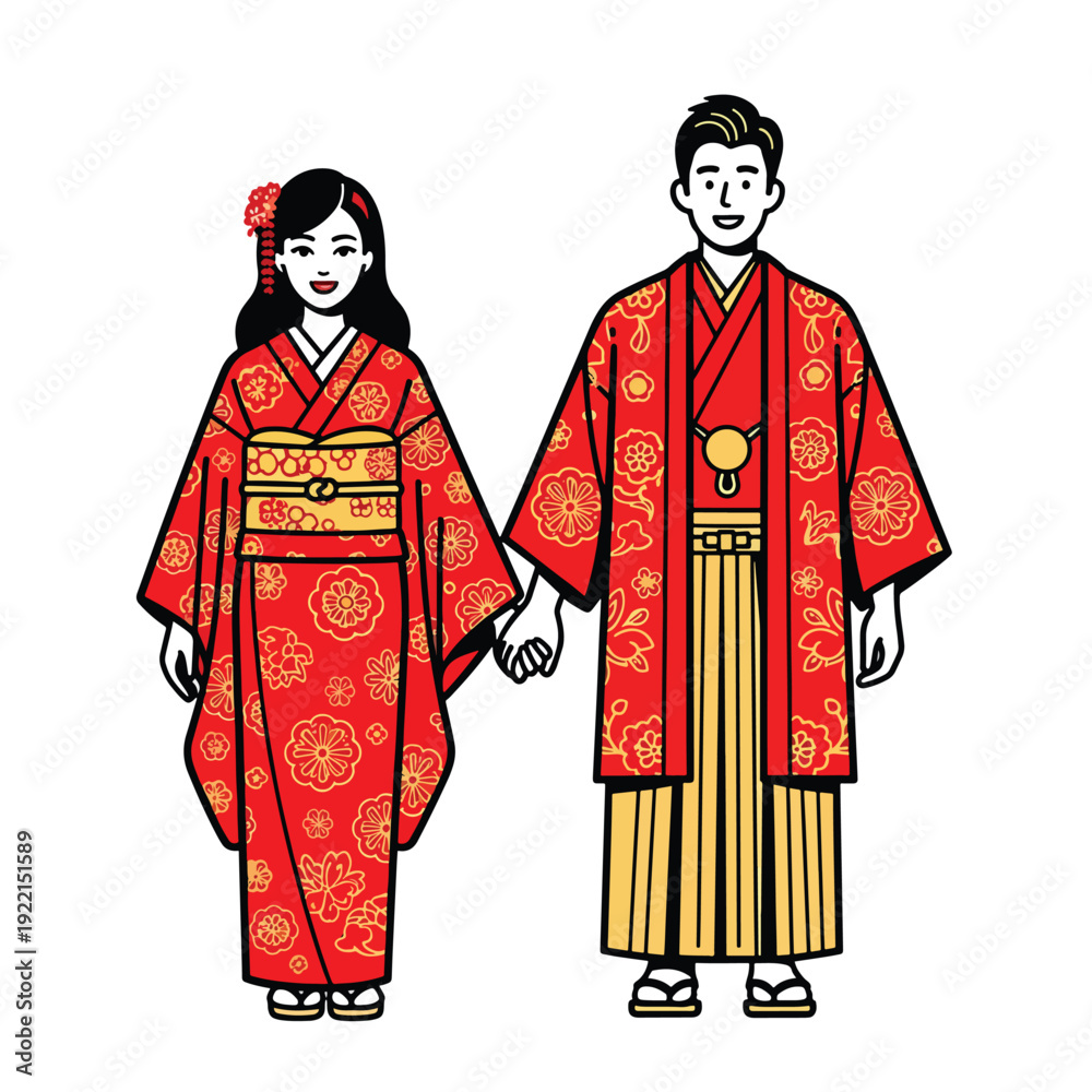 Fototapeta premium Traditional East Asian Couple Holding Hands in Elegant Kimonos, Full Length Vector Illustration
